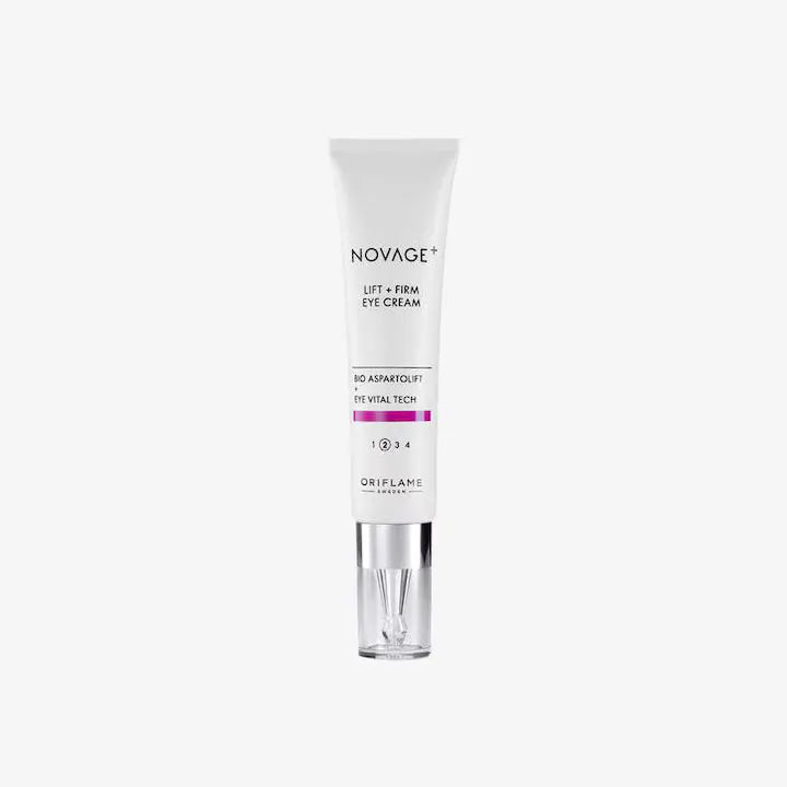 Crema de ochi Novage+ Lift + Firm Oriflame, dezvoltata pentru a ridica si oferi fermitate zonei ochilor, pentru un aspect improspatat, mai tineresc si mai bine definit, 15ml